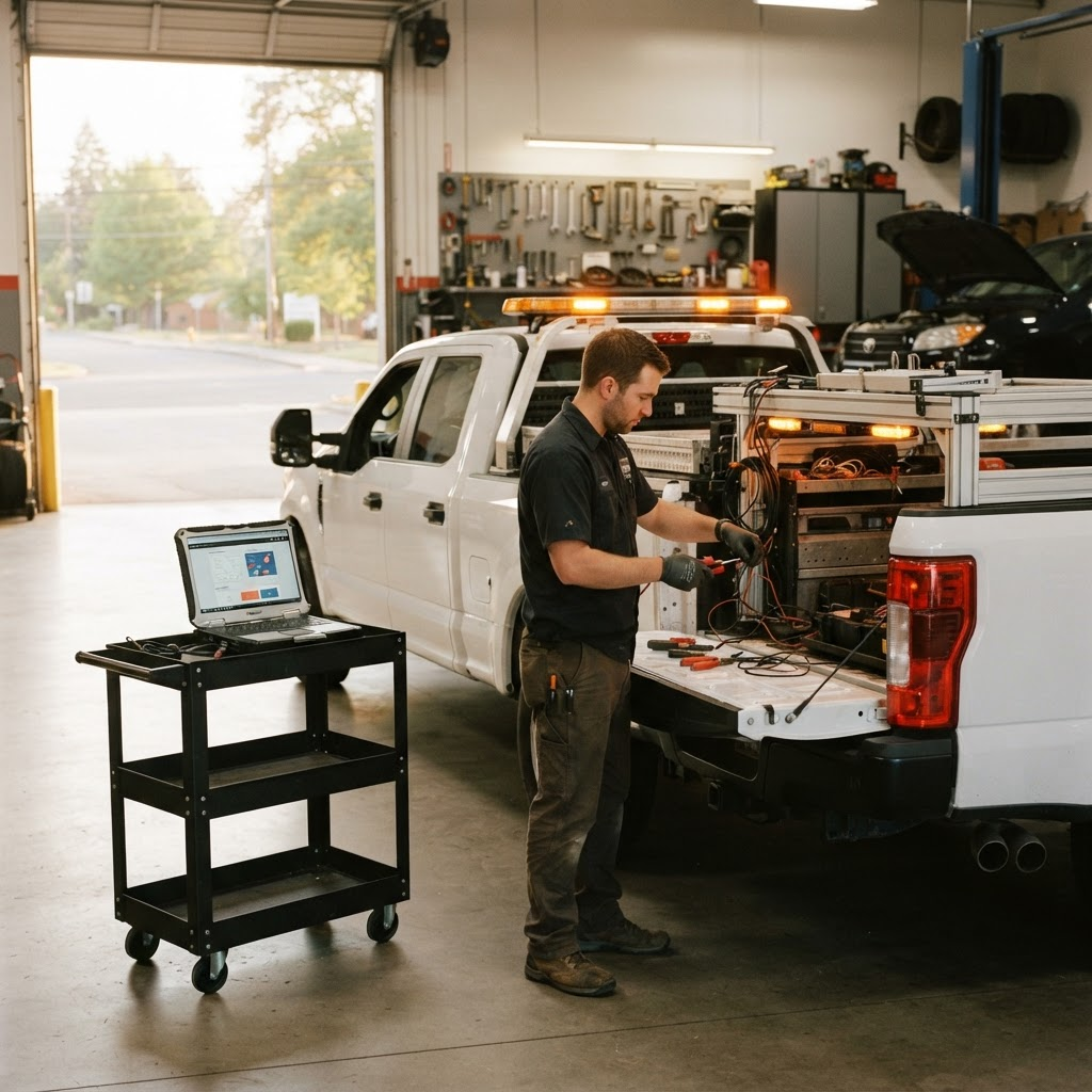 A technician working on emergency vehicle lighting alongside a laptop displaying website design work